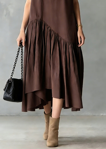 Women Coffee O-Neck Wrinkled Patchwork Long Dresses Short Sleeve
