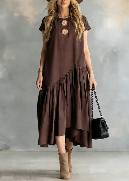 Women Coffee O-Neck Wrinkled Patchwork Long Dresses Short Sleeve