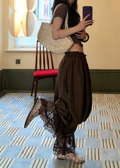 Women Coffee Oversized Patchwork Lace Lantern Pants Summer