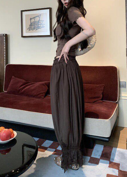 Women Coffee Oversized Patchwork Lace Lantern Pants Summer