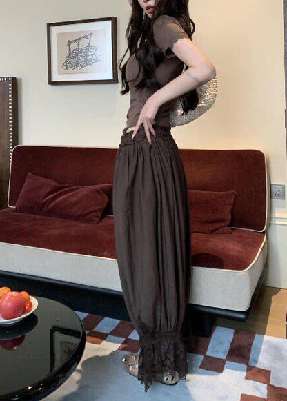 Women Coffee Oversized Patchwork Lace Lantern Pants Summer