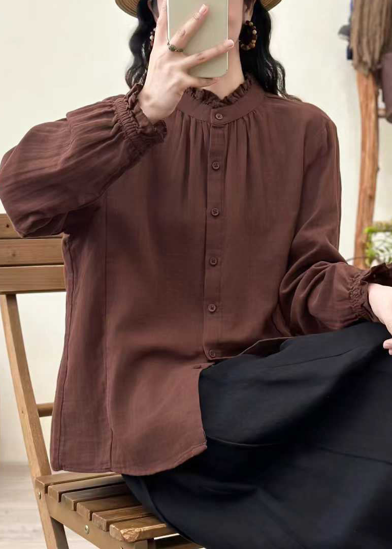 Women Coffee Oversized Stand Collar Cotton Blouses Fall