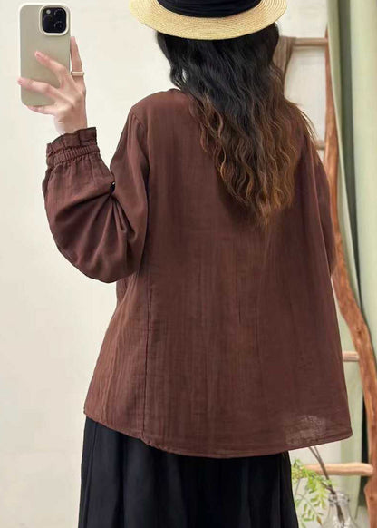Women Coffee Oversized Stand Collar Cotton Blouses Fall