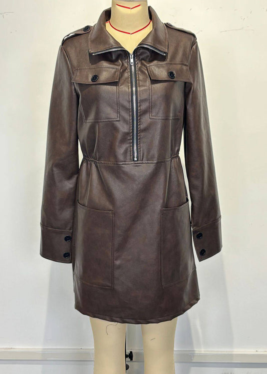 Women Coffee Peter Pan Collar Zippered Patchwork Faux Leather Mid Dress Spring