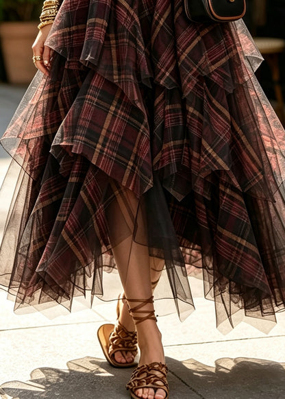 Women Coffee Plaid Elastic Waist Tulle A Line Skirts Summer