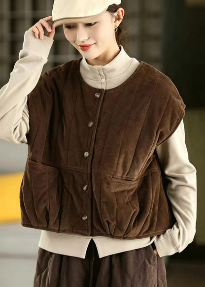 Women Coffee Pockets Corduroy Cotton Filled Waistcoat Winter
