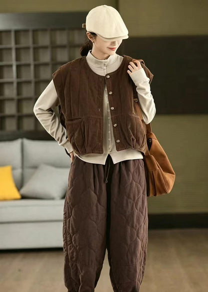 Women Coffee Pockets Corduroy Cotton Filled Waistcoat Winter