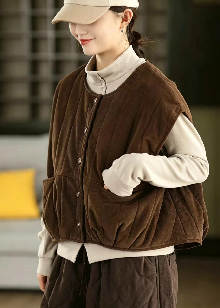 Women Coffee Pockets Corduroy Cotton Filled Waistcoat Winter