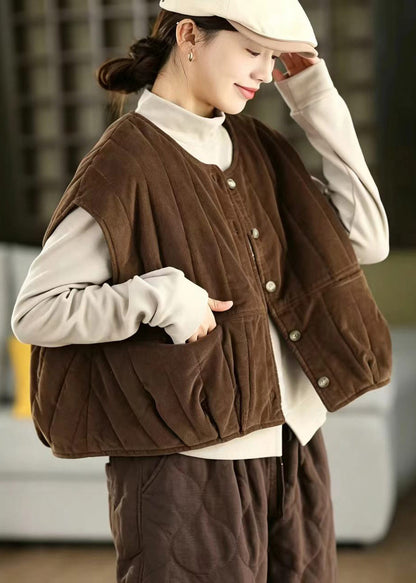 Women Coffee Pockets Corduroy Cotton Filled Waistcoat Winter