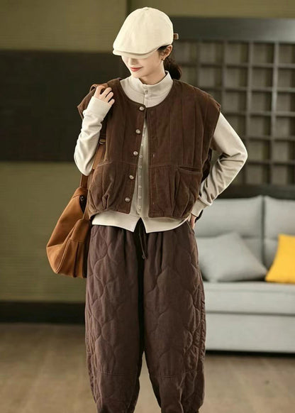 Women Coffee Pockets Corduroy Cotton Filled Waistcoat Winter