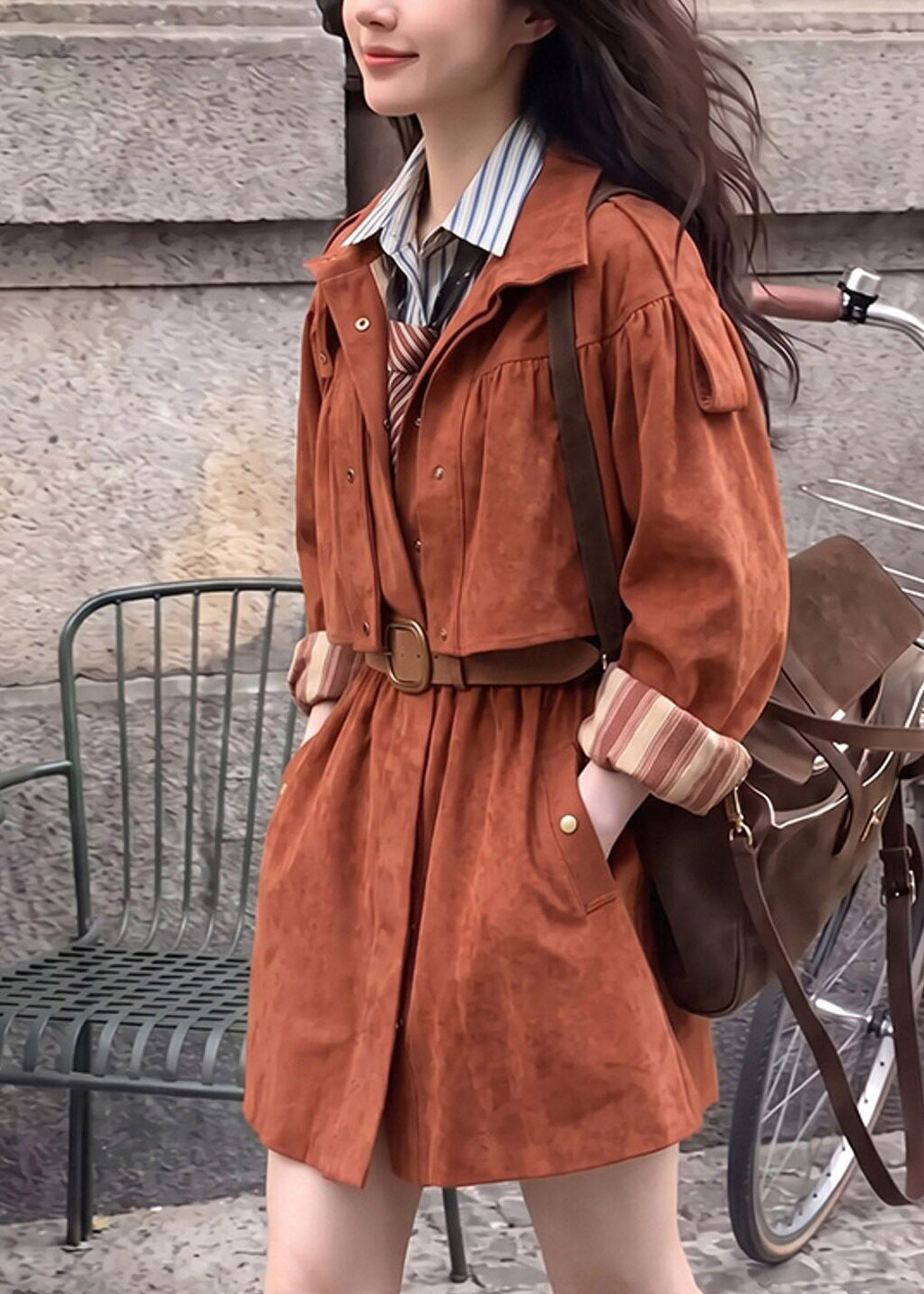 Women Coffee Pockets Patchwork Sashe Faux Suede Trench Coats Long Sleeve