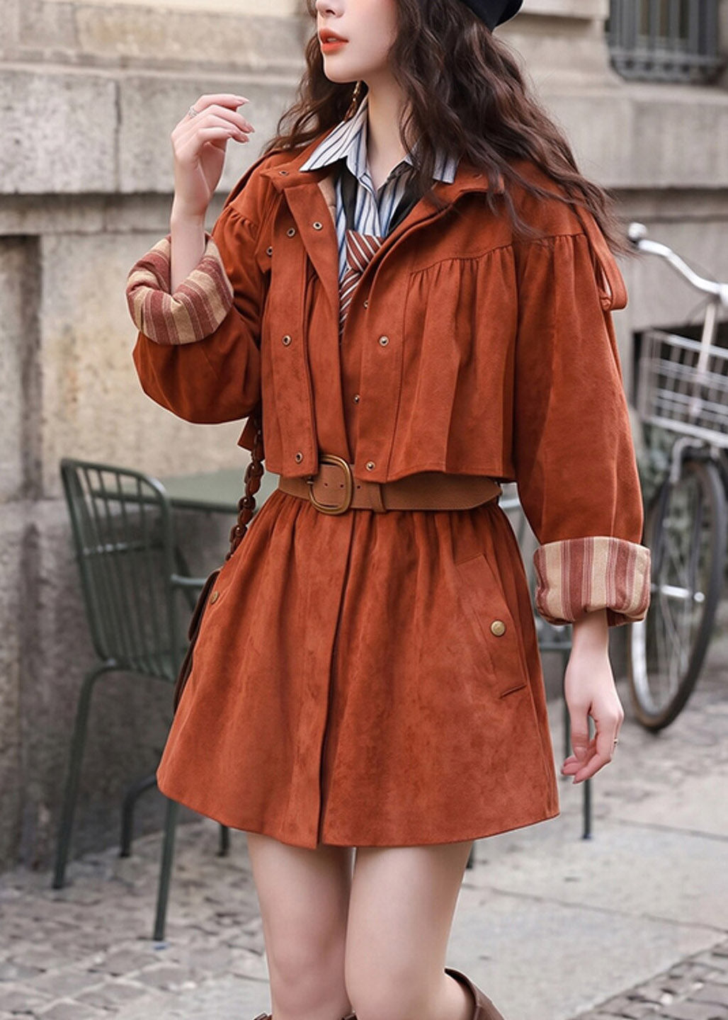 Women Coffee Pockets Patchwork Sashe Faux Suede Trench Coats Long Sleeve