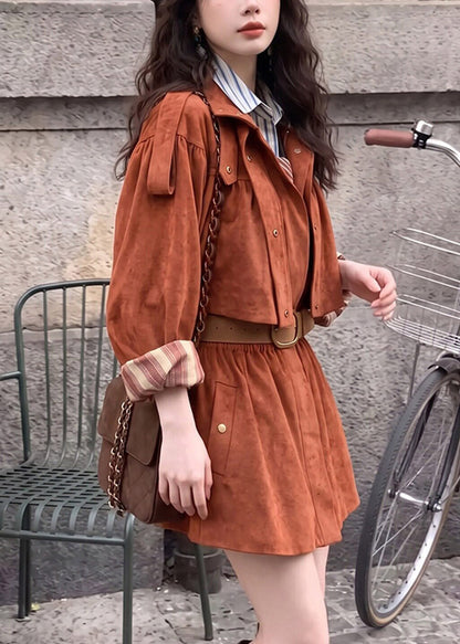 Women Coffee Pockets Patchwork Sashe Faux Suede Trench Coats Long Sleeve