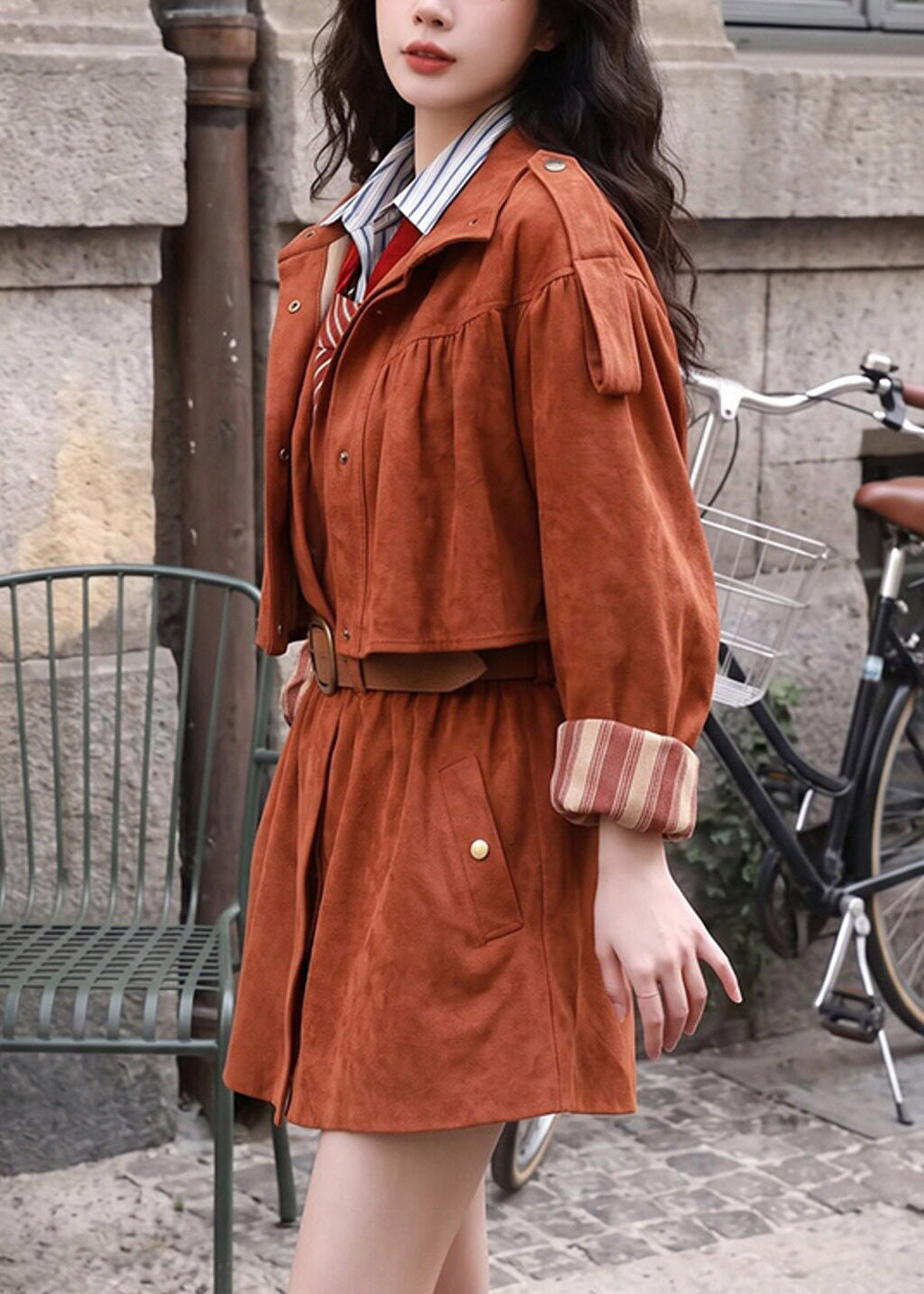 Women Coffee Pockets Patchwork Sashe Faux Suede Trench Coats Long Sleeve