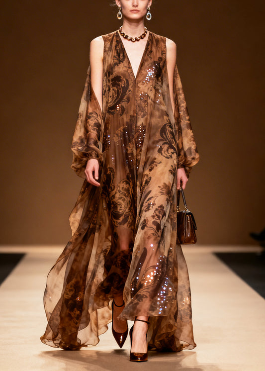 Women Coffee Print Sparkly Silk Vestidos Dresses Summer