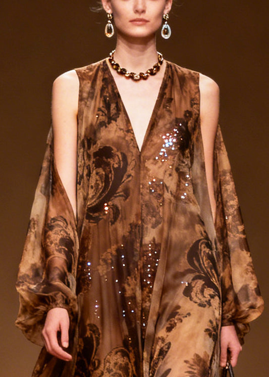 Women Coffee Print Sparkly Silk Vestidos Dresses Summer