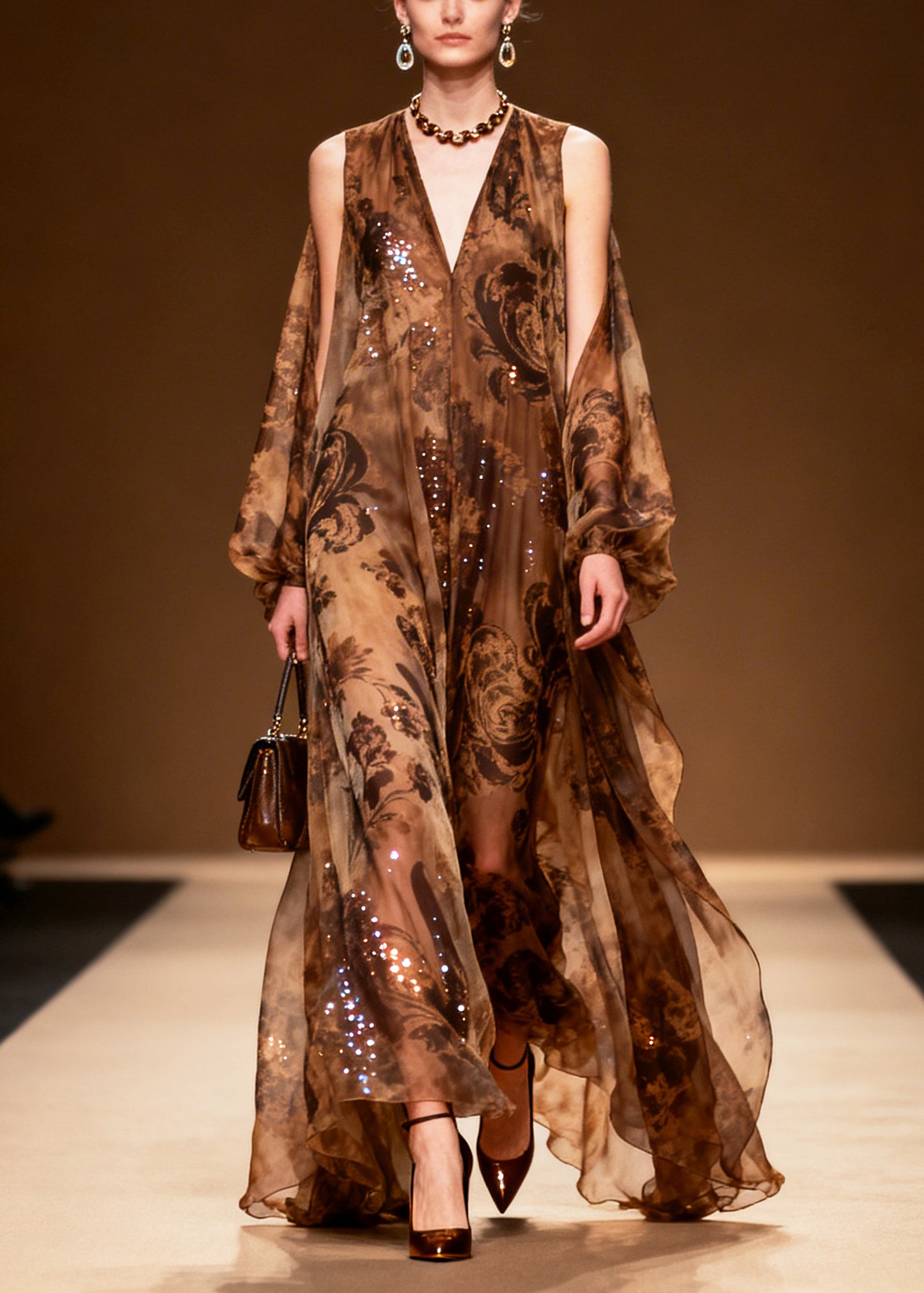 Women Coffee Print Sparkly Silk Vestidos Dresses Summer