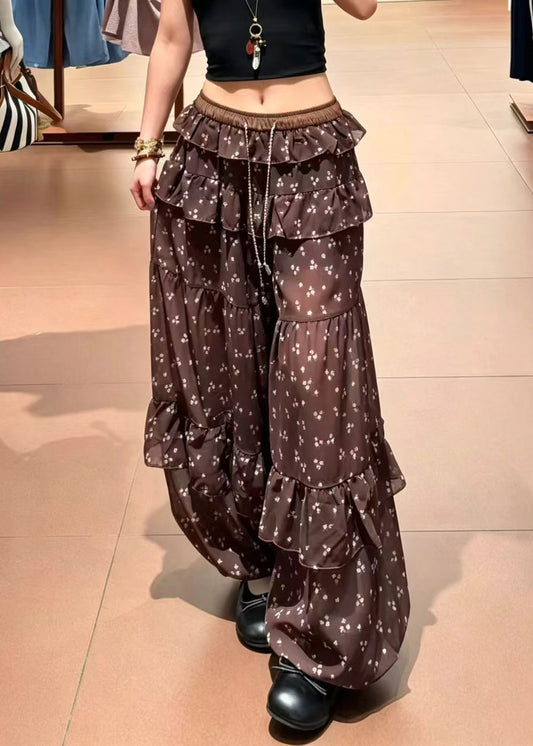 Women Coffee Ruffled Drawstring Print Chiffon Lantern Trousers Summer