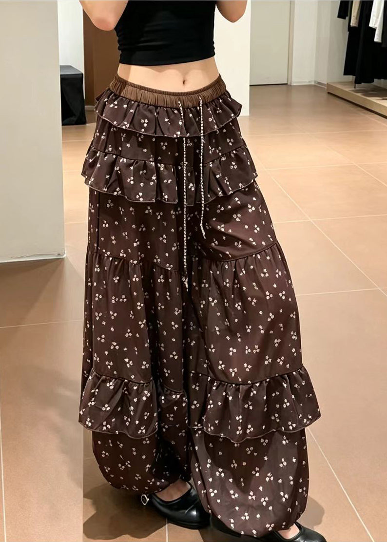 Women Coffee Ruffled Drawstring Print Chiffon Lantern Trousers Summer