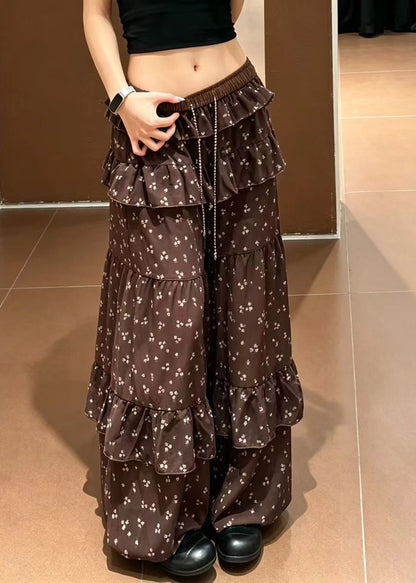 Women Coffee Ruffled Drawstring Print Chiffon Lantern Trousers Summer