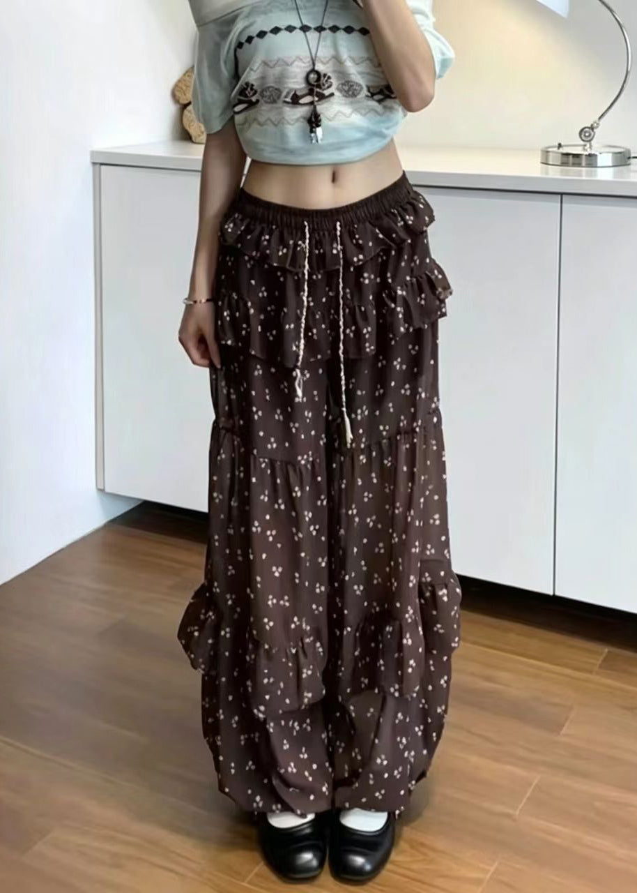 Women Coffee Ruffled Drawstring Print Chiffon Lantern Trousers Summer