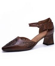 Load image into Gallery viewer, Women Coffee Splicing Hollow Out Lace Up Chunky Cowhide Leather Sandals