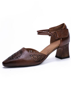 Women Coffee Splicing Hollow Out Lace Up Chunky Cowhide Leather Sandals