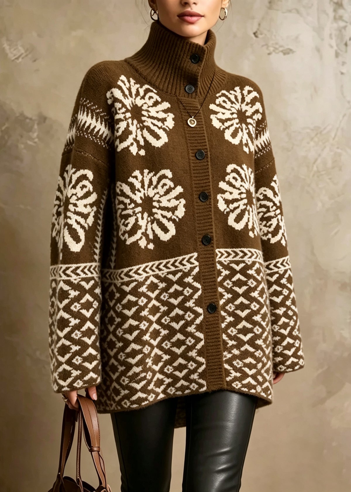 Women Coffee Stand Collar Print Button Knit Cardigan Fall