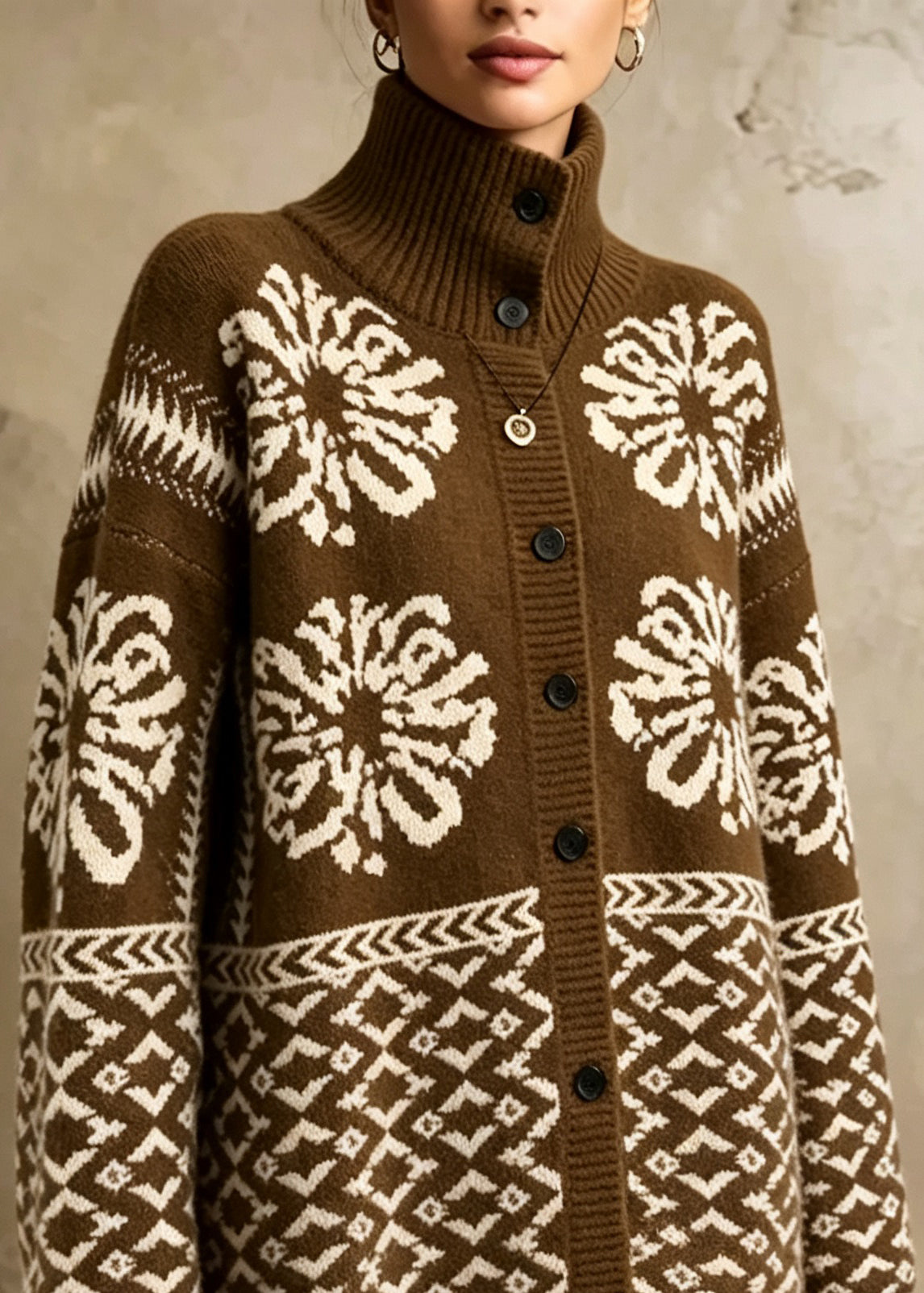 Women Coffee Stand Collar Print Button Knit Cardigan Fall
