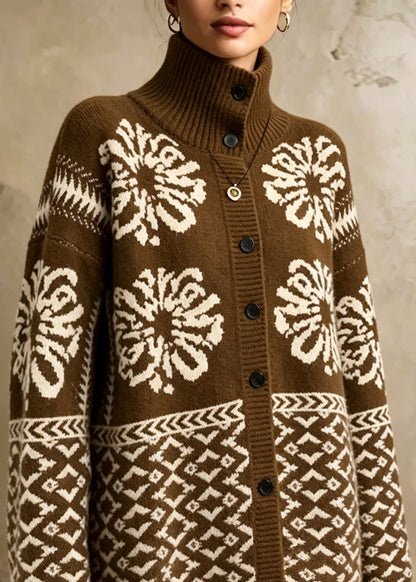 Women Coffee Stand Collar Print Button Knit Cardigan Fall