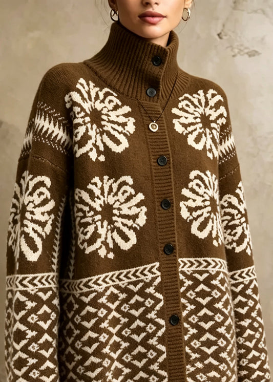 Women Coffee Stand Collar Print Button Knit Cardigan Fall
