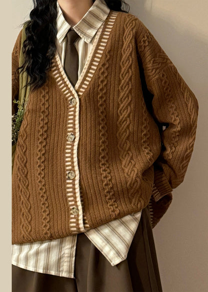 Women Coffee V Neck Button Cozy Cable Knit Coats Spring