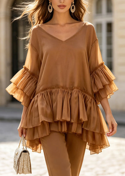 Women Coffee V Neck Layered Ruffled Patchwork Silk Top Summer