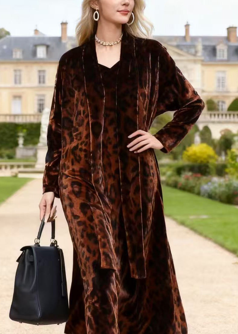 Women Coffee V Neck Leopard Print Velvet Dresses Spring