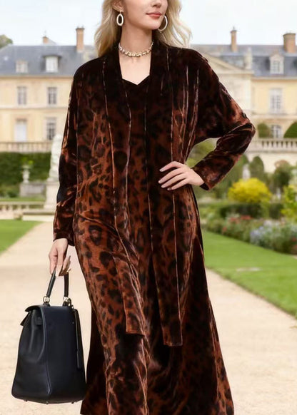 Women Coffee V Neck Leopard Print Velvet Dresses Spring