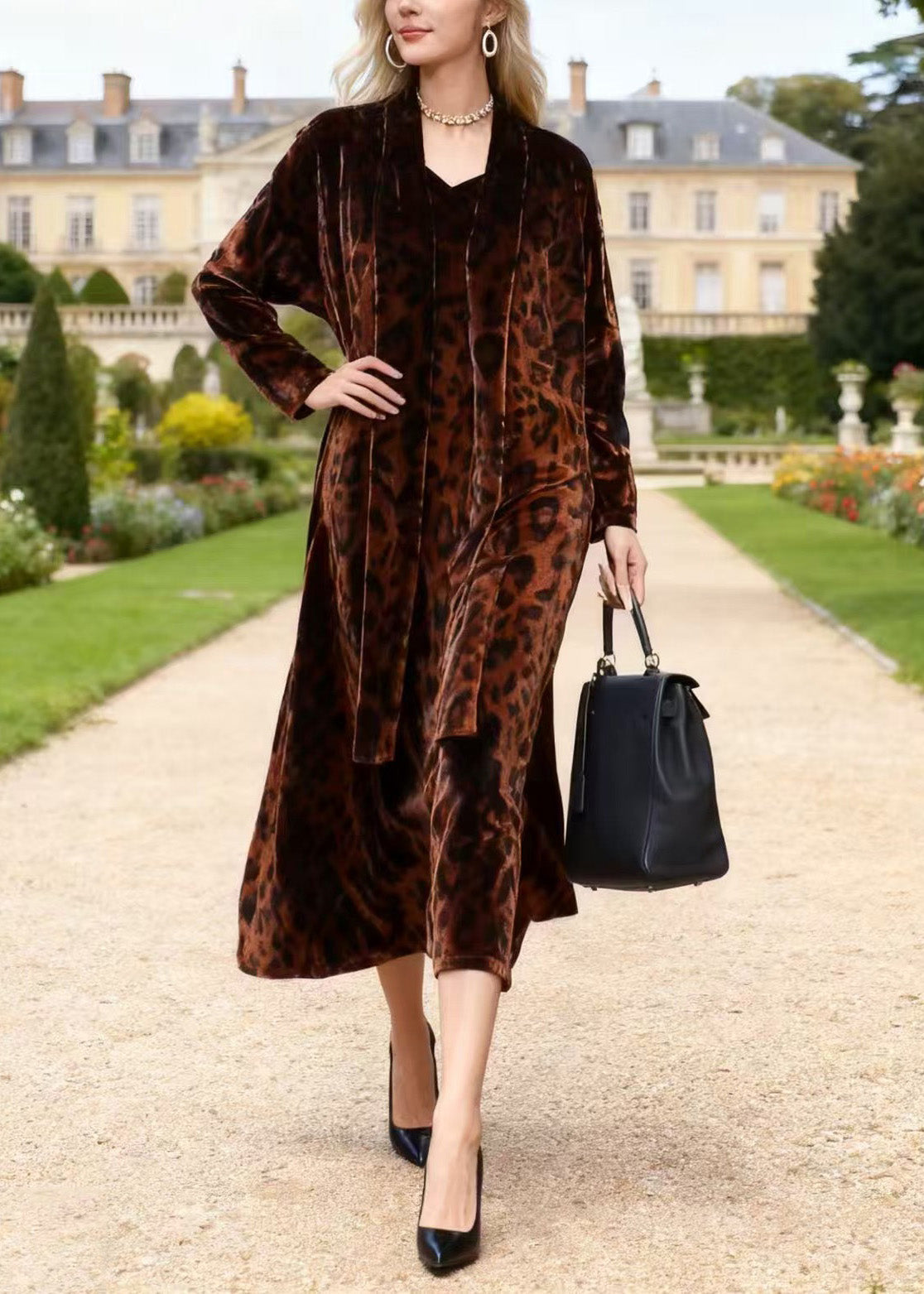 Women Coffee V Neck Leopard Print Velvet Dresses Spring