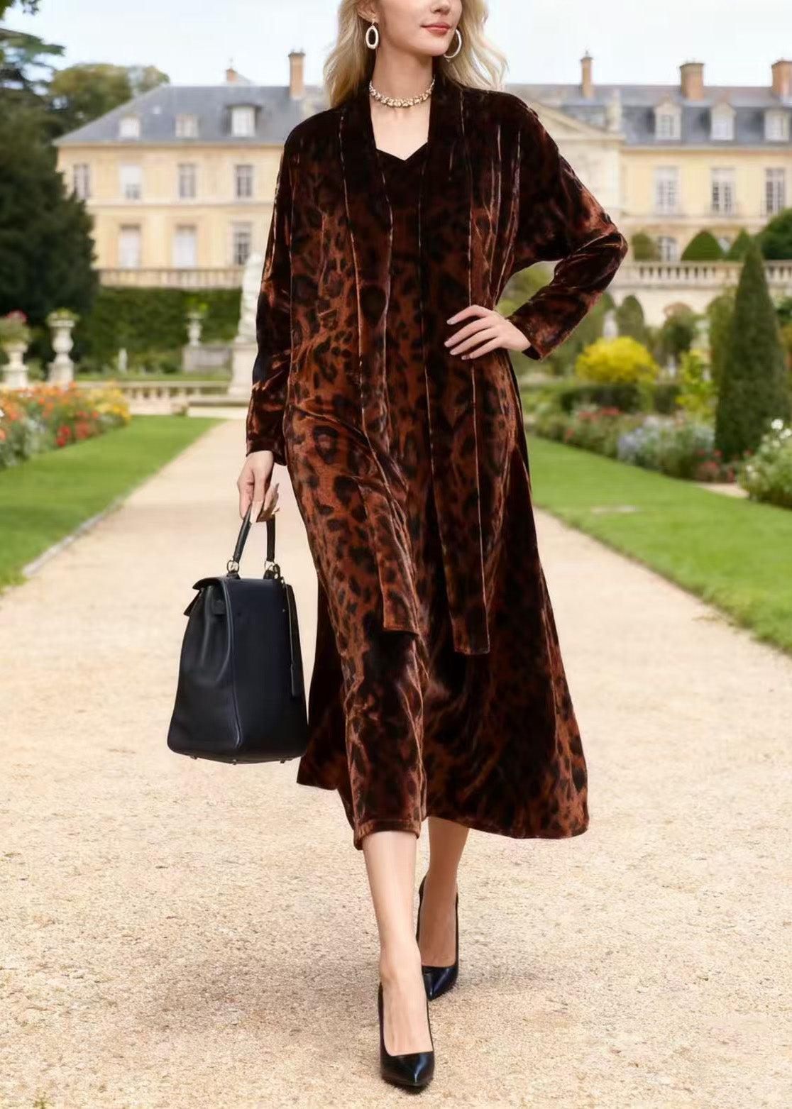 Women Coffee V Neck Leopard Print Velvet Dresses Spring
