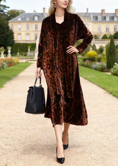 Women Coffee V Neck Leopard Print Velvet Dresses Spring