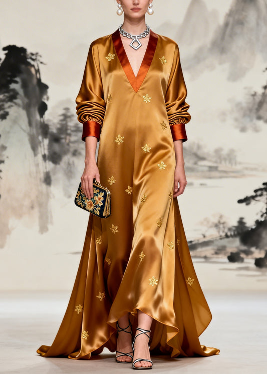 Women Coffee V Neck Patchwork Print Silk Maxi Dresses Long Sleeve