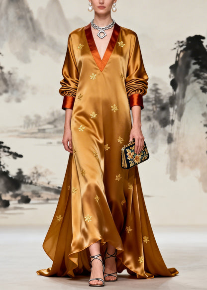 Women Coffee V Neck Patchwork Print Silk Maxi Dresses Long Sleeve