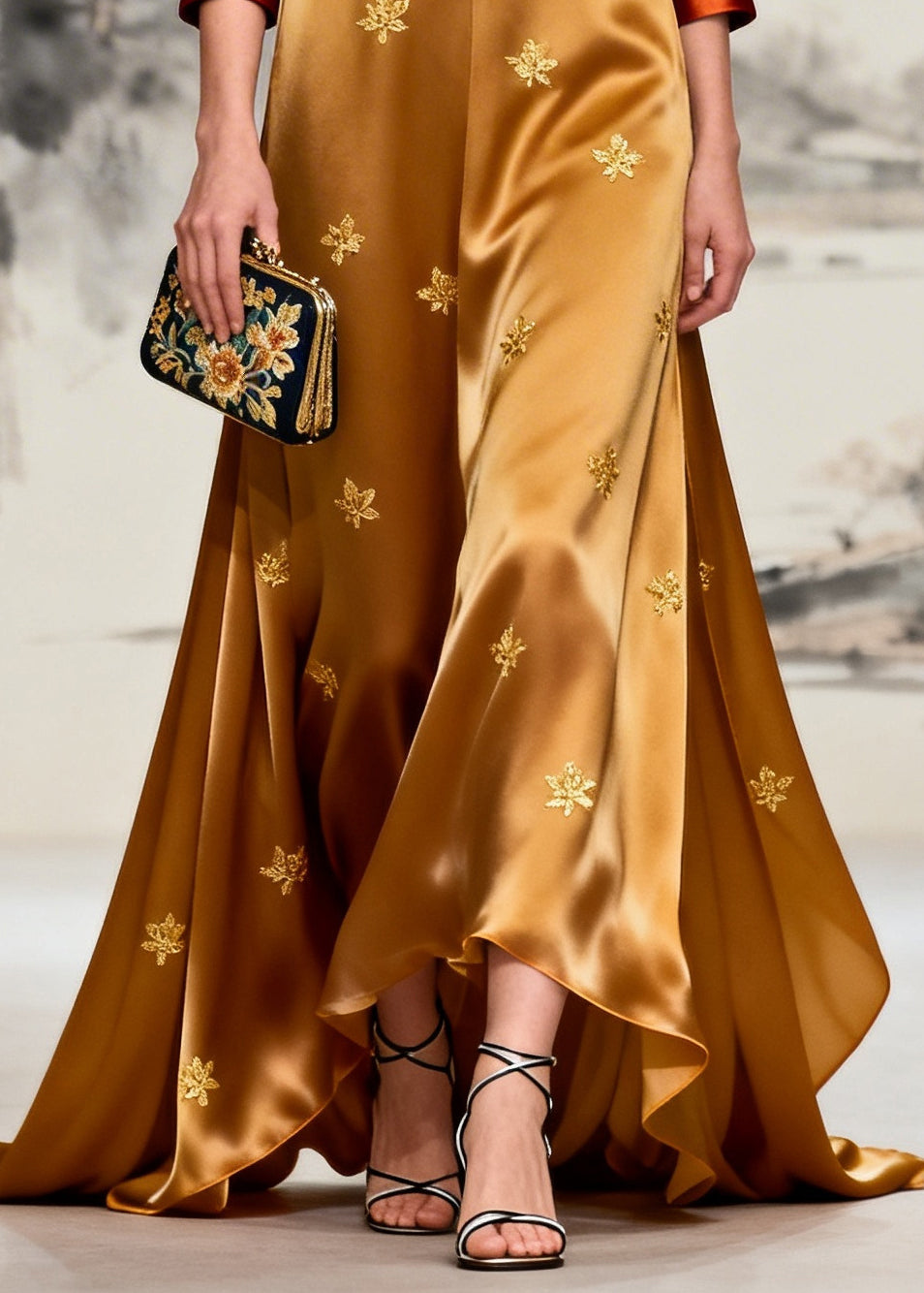 Women Coffee V Neck Patchwork Print Silk Maxi Dresses Long Sleeve