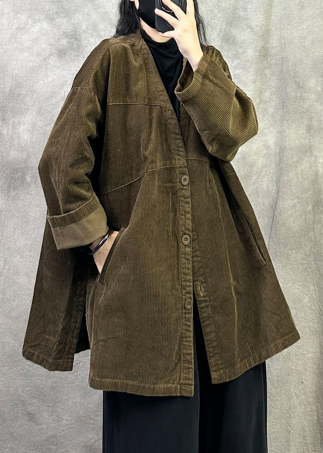Women Coffee V Neck Pockets Button Patchwork Corduroy Coat Fall