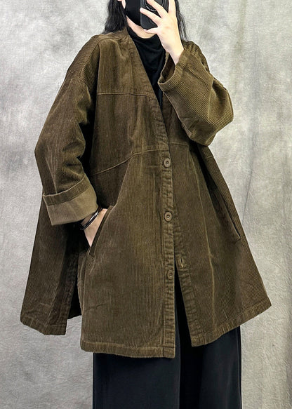 Women Coffee V Neck Pockets Button Patchwork Corduroy Coat Fall