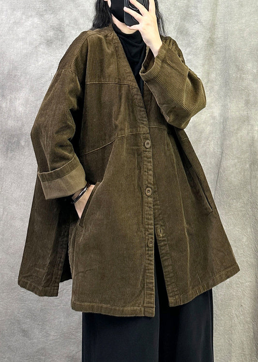 Women Coffee V Neck Pockets Button Patchwork Corduroy Coat Fall