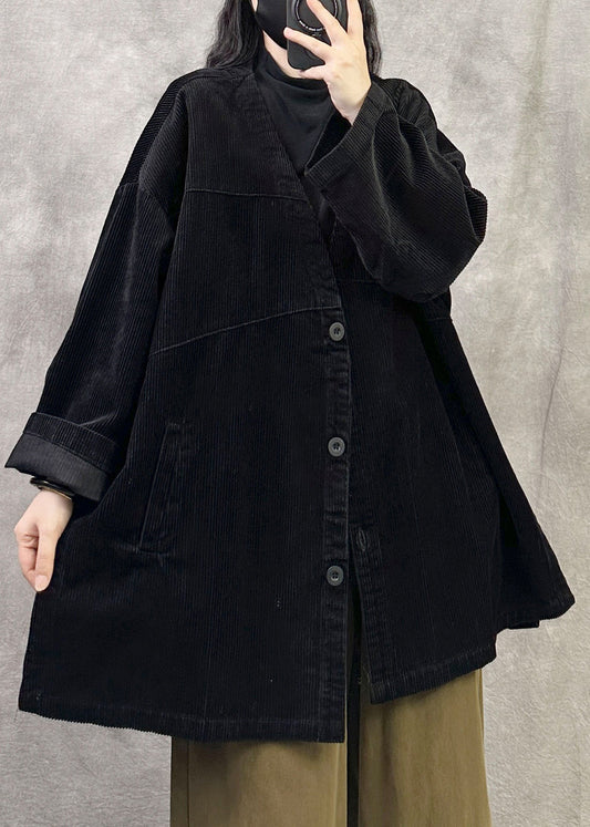 Women Coffee V Neck Pockets Button Patchwork Corduroy Coat Fall