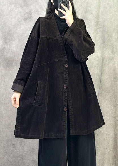 Women Coffee V Neck Pockets Button Patchwork Corduroy Coat Fall