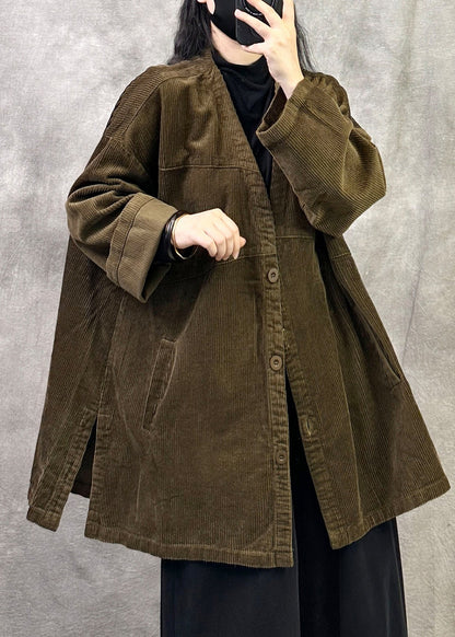 Women Coffee V Neck Pockets Button Patchwork Corduroy Coat Fall