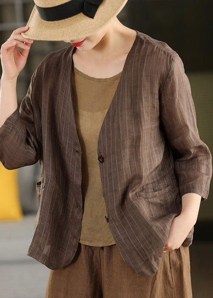 Women Coffee V Neck Pockets Striped Jacket Summer