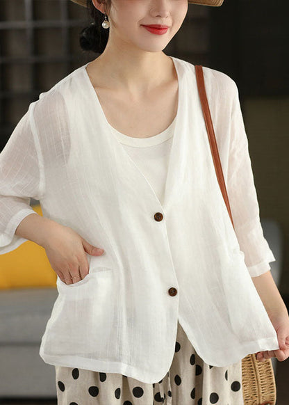 Women Coffee V Neck Pockets Striped Jacket Summer