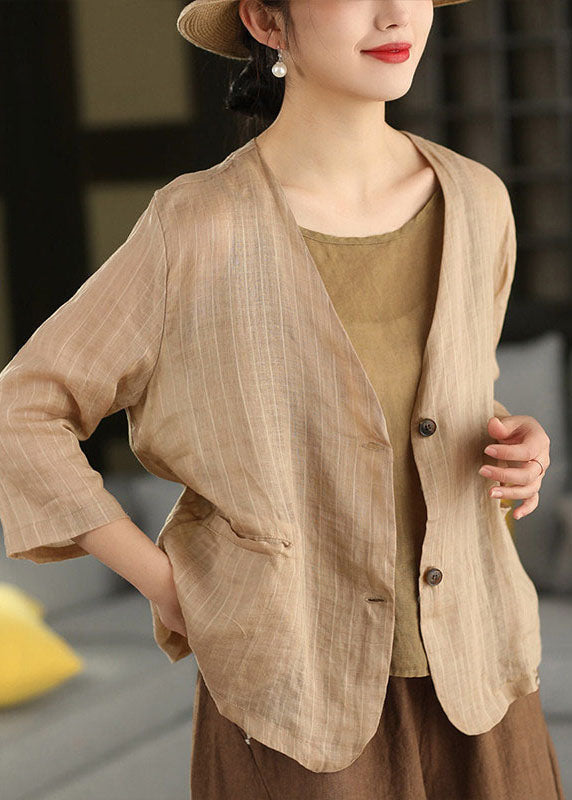 Women Coffee V Neck Pockets Striped Jacket Summer